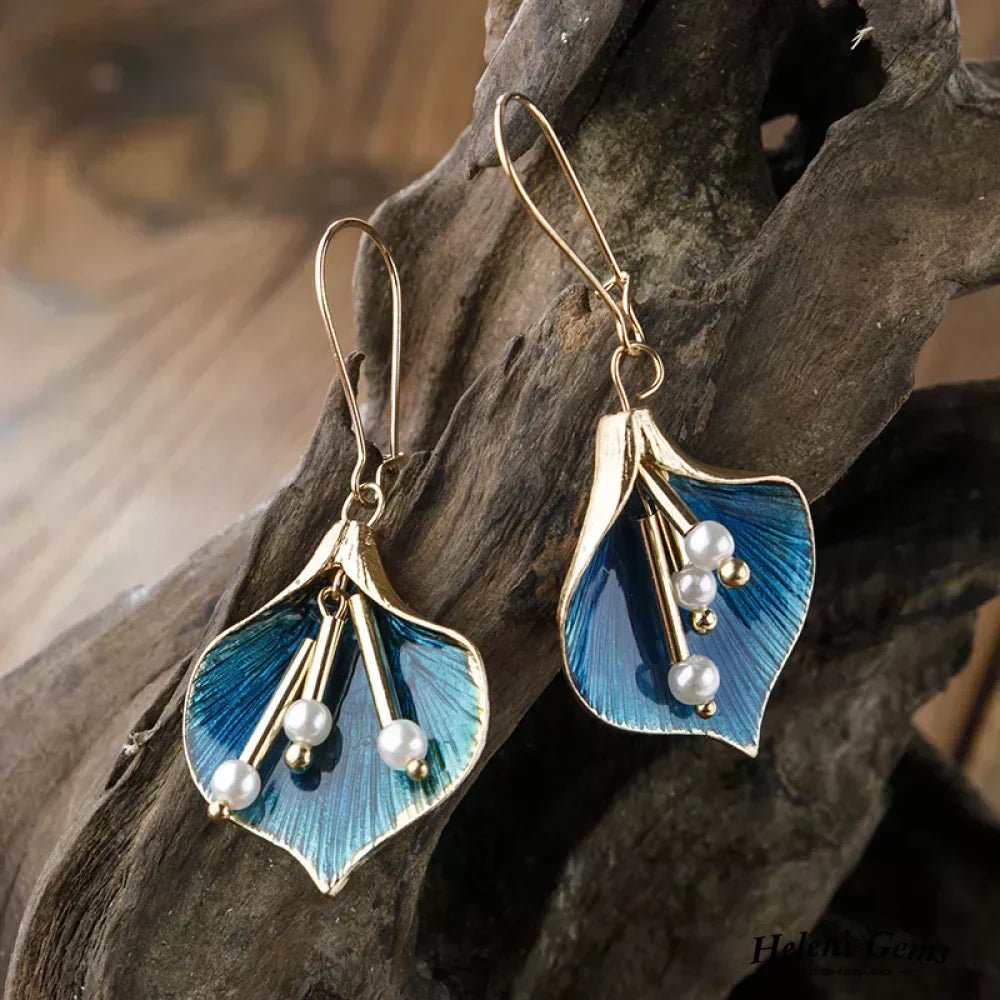 Oorbellen in goud en blauw met parels - Bellanza