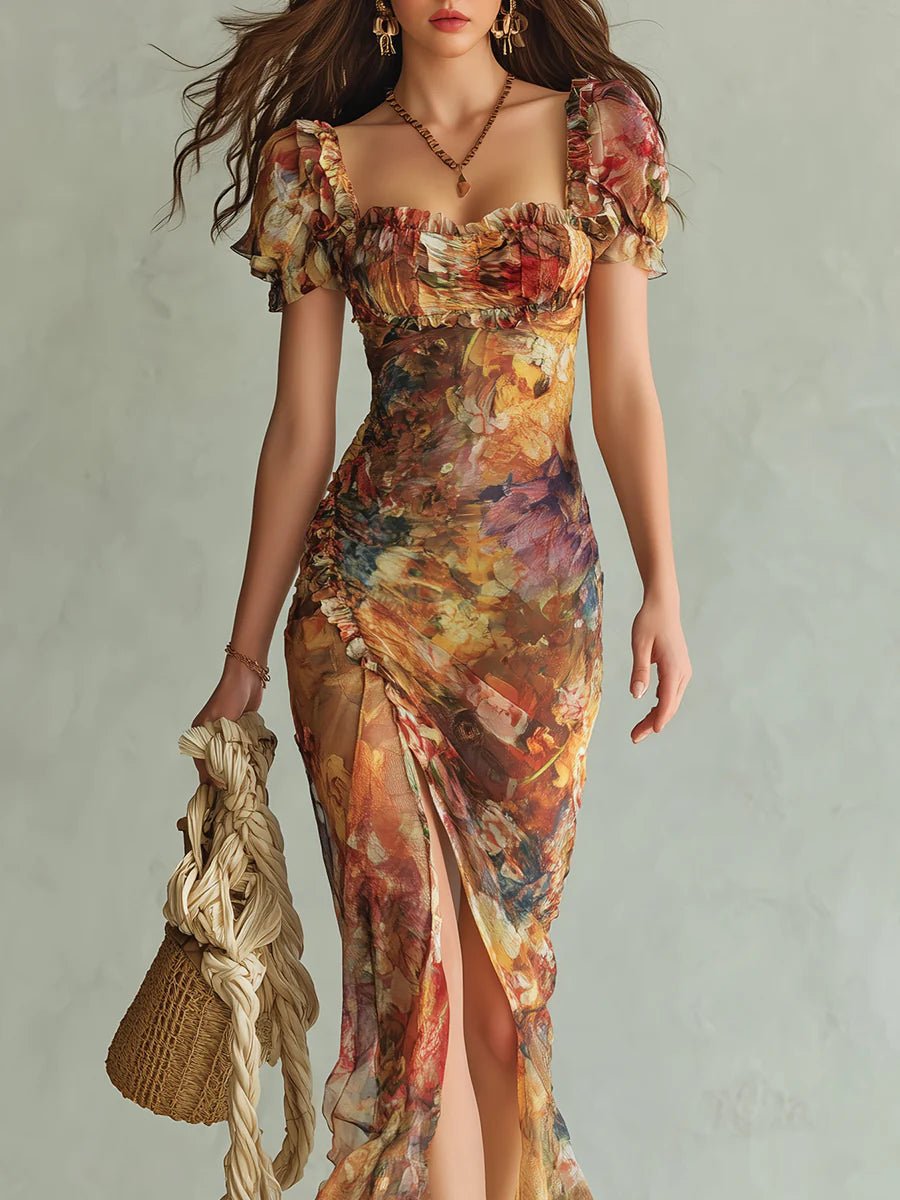 Oranje Bohemian Vakantie Olie Schilderij Print Chiffon Maxi Jurk - Bellanza