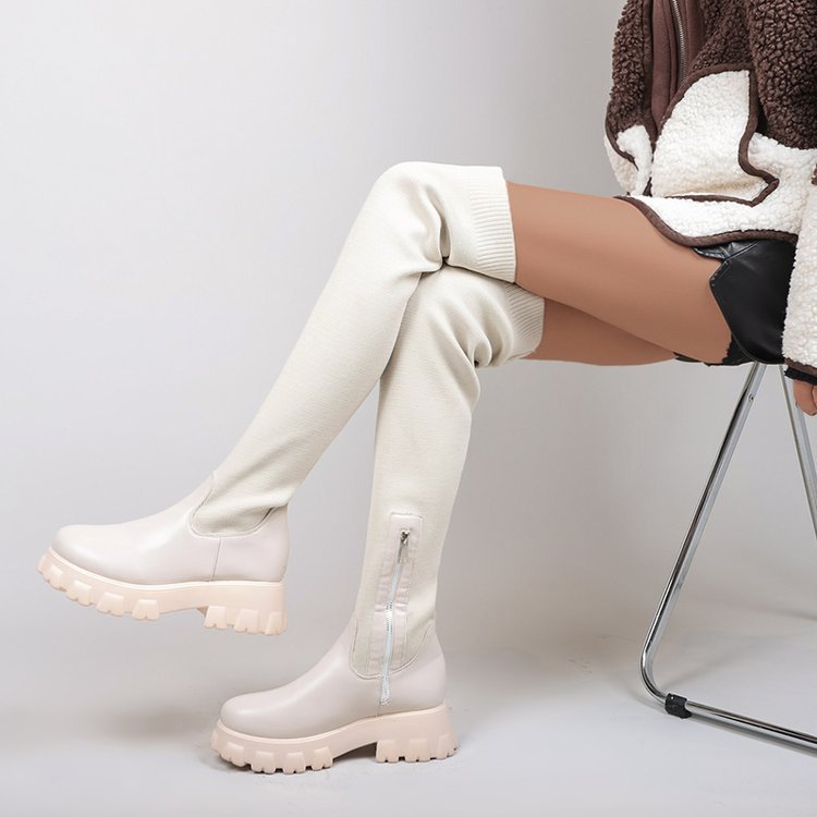 Over-de-knie ronde neus flyknit dames platformlaarzen - Bellanza