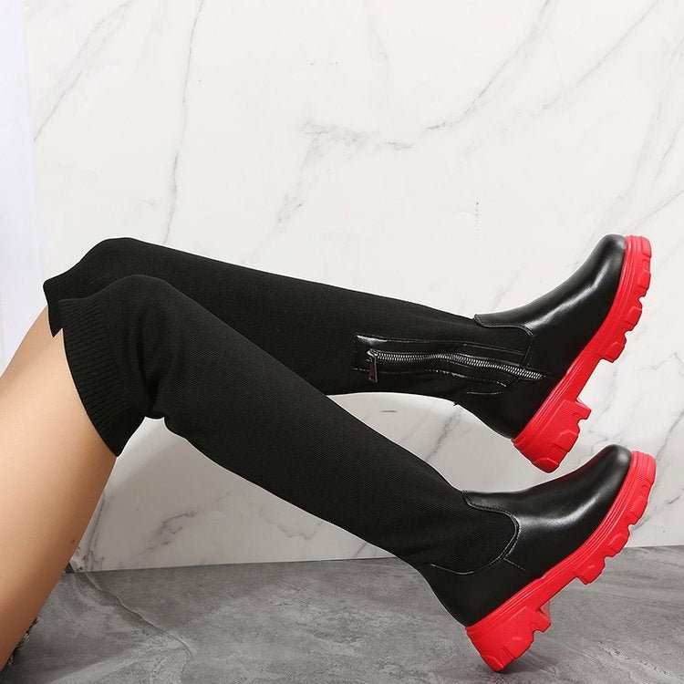 Over-de-knie ronde neus flyknit dames platformlaarzen - Bellanza