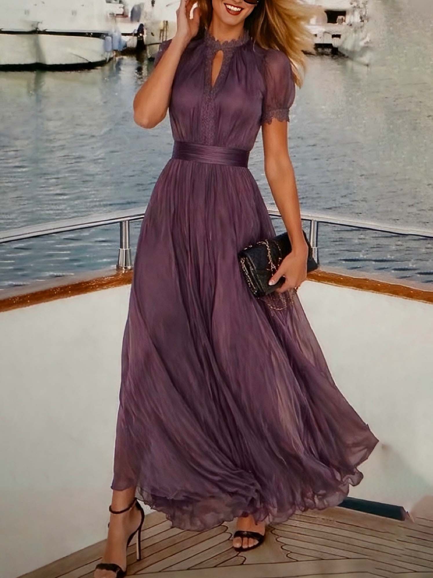 Paarse Sleutelgat Halslijn Chiffon Kant Trim Maxi Jurk - Bellanza