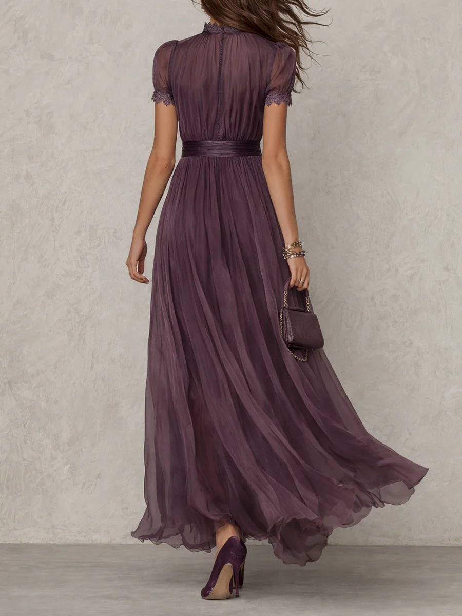 Paarse Sleutelgat Halslijn Chiffon Kant Trim Maxi Jurk - Bellanza