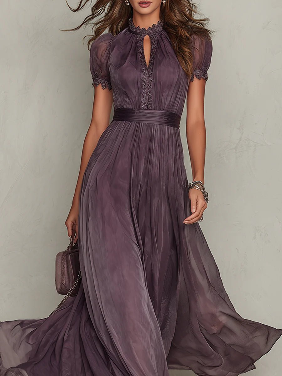 Paarse Sleutelgat Halslijn Chiffon Kant Trim Maxi Jurk - Bellanza