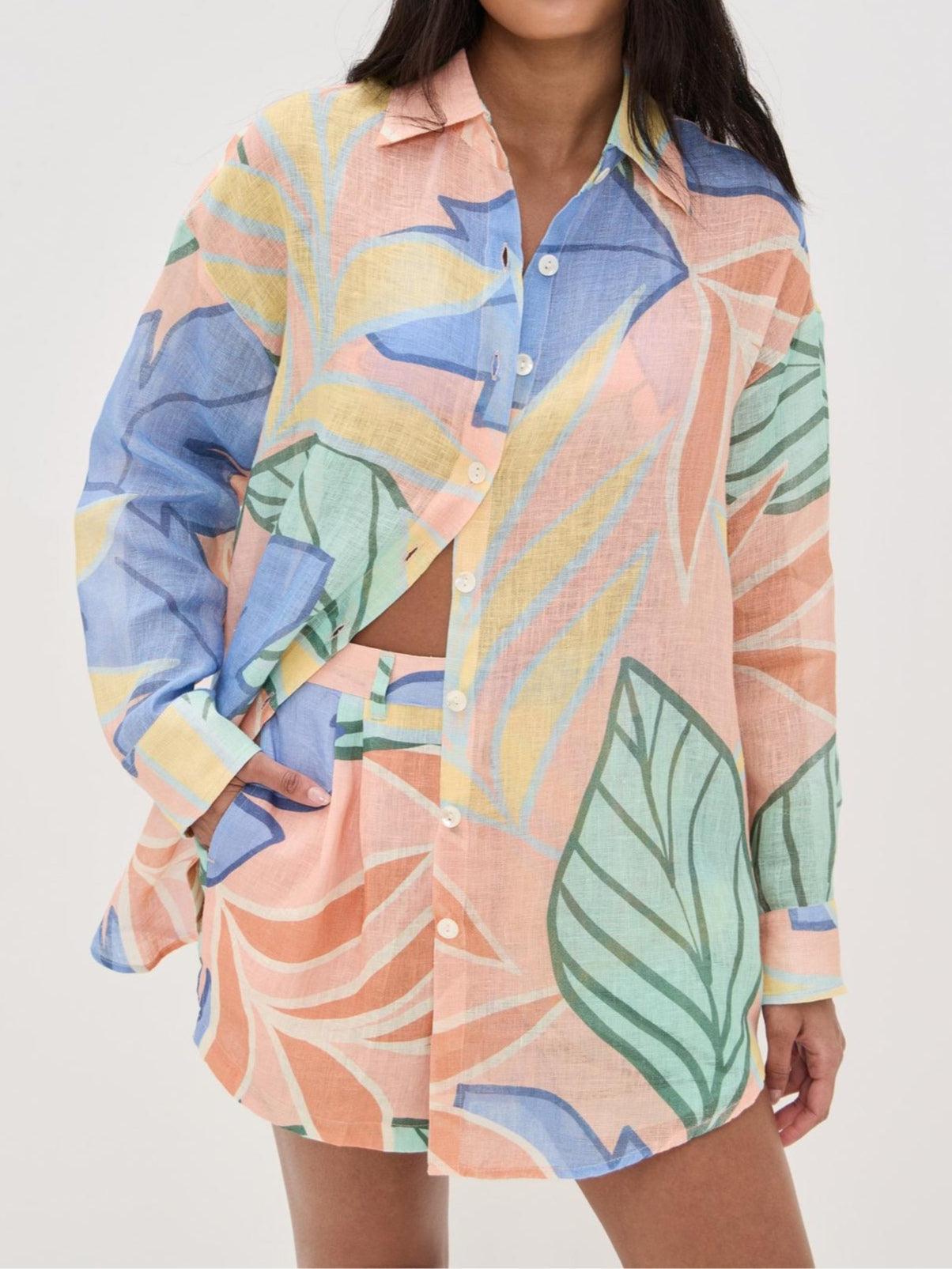 Playa Boyfriend Tropical Leaf Gedrukt Korte Set - bellanza