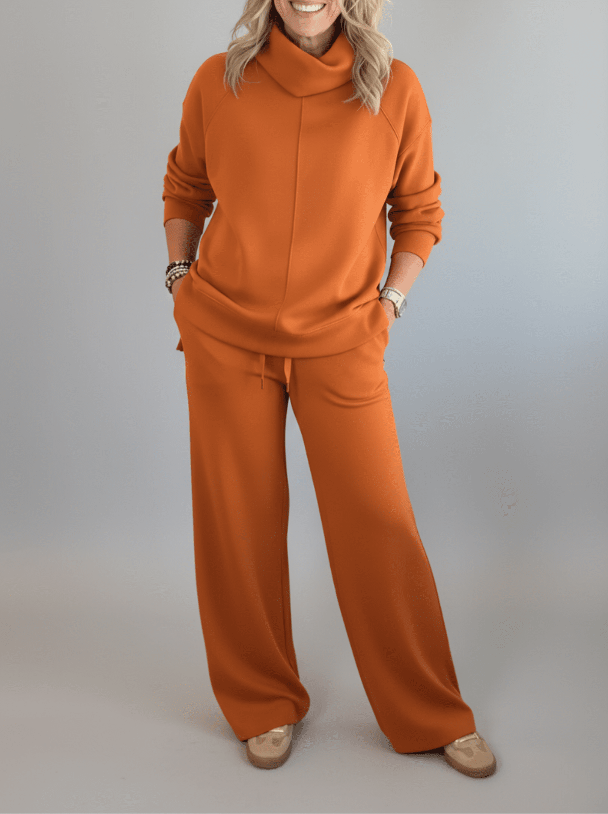 Ruby | Gezellige trui met hoge kraag en bijpassende broek set - Bellanza