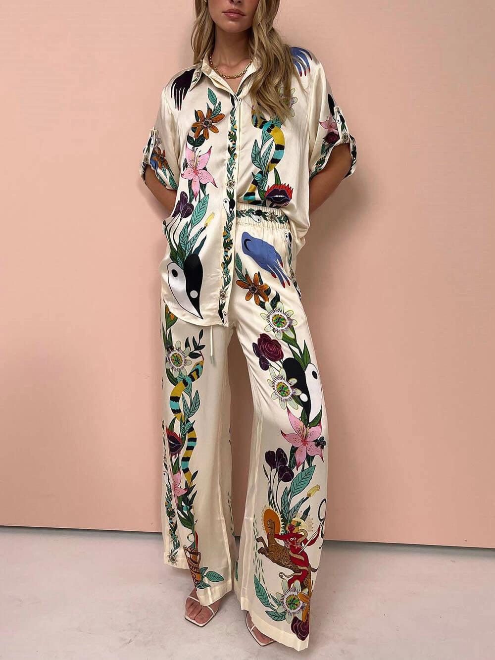 Satin unieke print blouse & broek set - bellanza