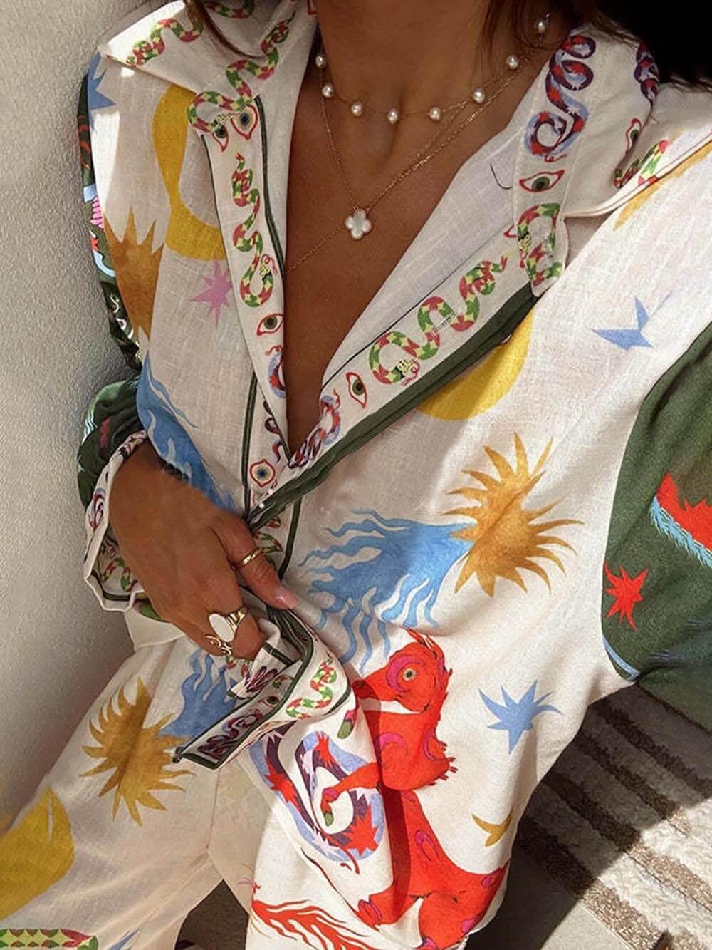 Schitterende Unieke Print Lange Mouwen Shirt En Elastische Taille Broek Set - bellanza