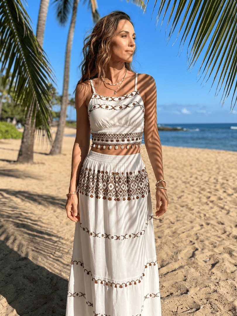 Silon | Midi-jurk met Spaghetti-bandjes en Borduursel - Bellanza