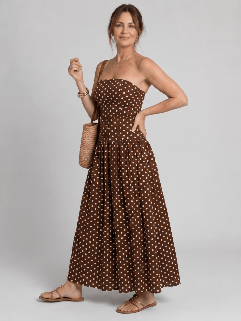 Sorien | Strapless Polka Dot Pattern Midi Dress - Bellanza