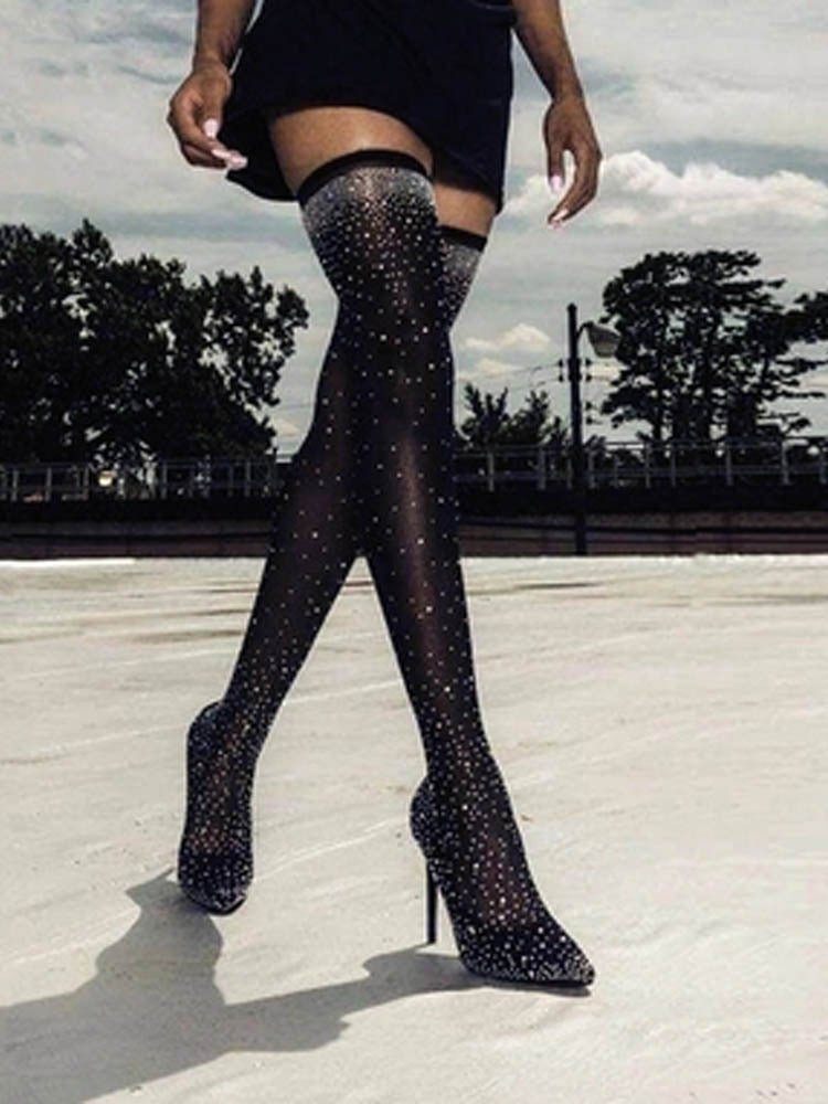 Sprankelende Rhinestone-beslagen Over-de-knie Elastische Soklaarzen - Bellanza