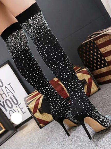 Sprankelende Rhinestone-beslagen Over-de-knie Elastische Soklaarzen - Bellanza