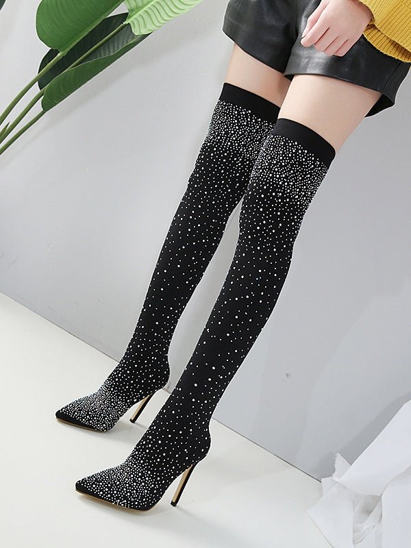 Sprankelende Rhinestone-beslagen Over-de-knie Elastische Soklaarzen - Bellanza