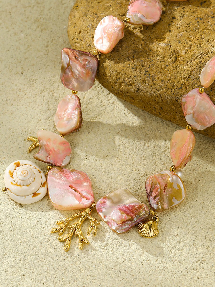 Strandstijl Roze Schelp Koraal RVS Ketting - Bellanza