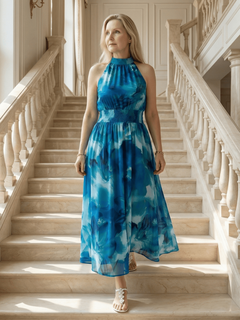 Sylin | Midi Jurk met Halternek en Rimpel Taille - Bellanza