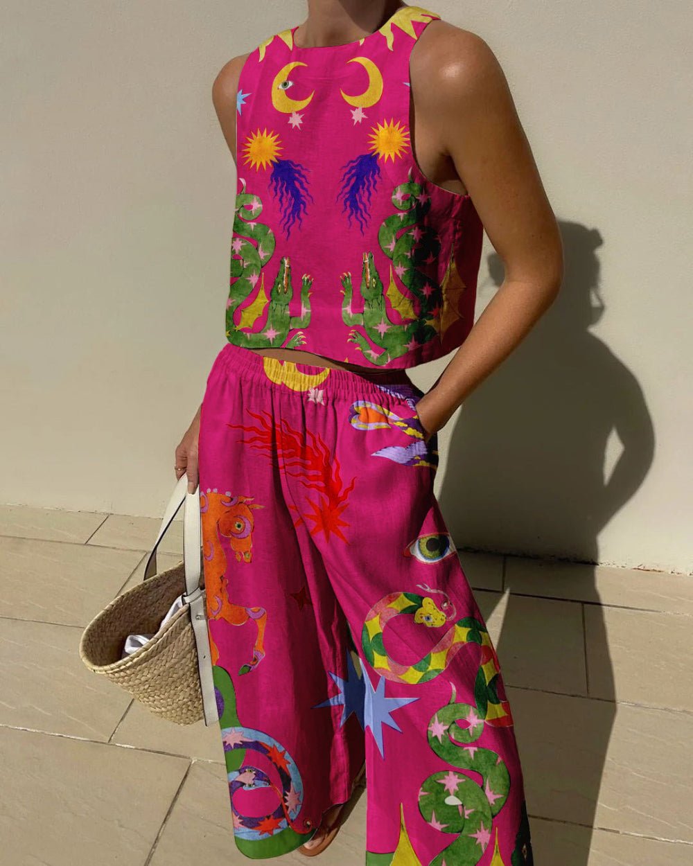 Unieke Print Tanktop En Elastische Taille Met Zakjes Broek Set - bellanza