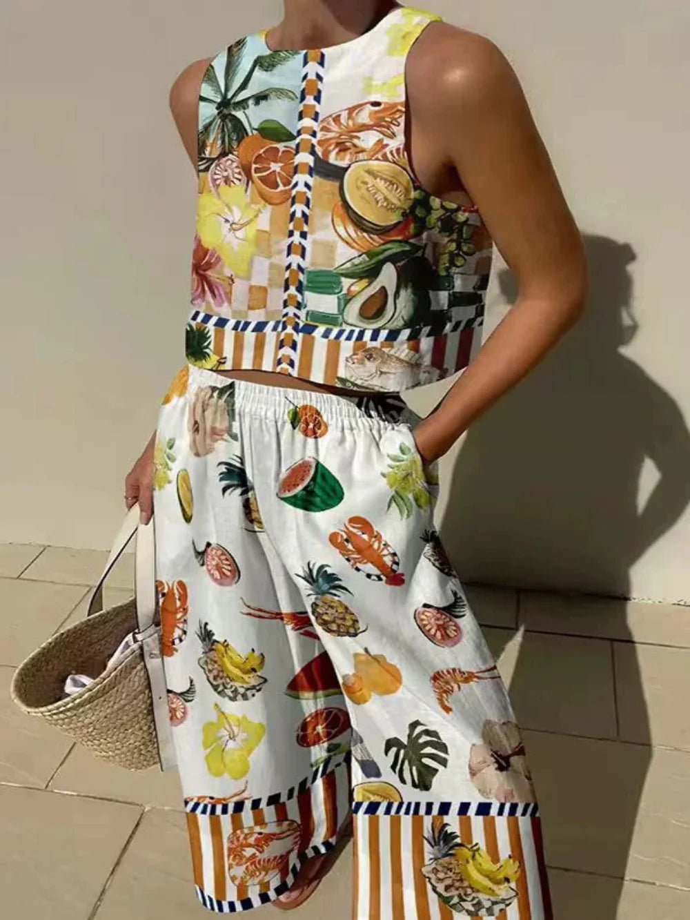 Unieke Print Tanktop En Elastische Taille Met Zakjes Broek Set - bellanza