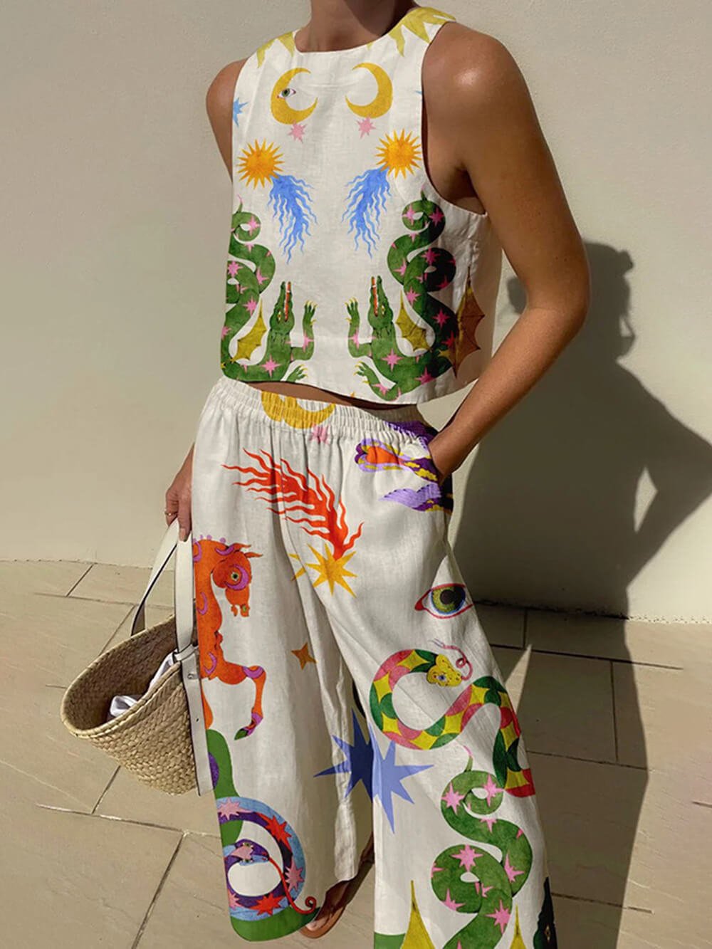 Unieke Print Tanktop En Elastische Taille Met Zakjes Broek Set - bellanza