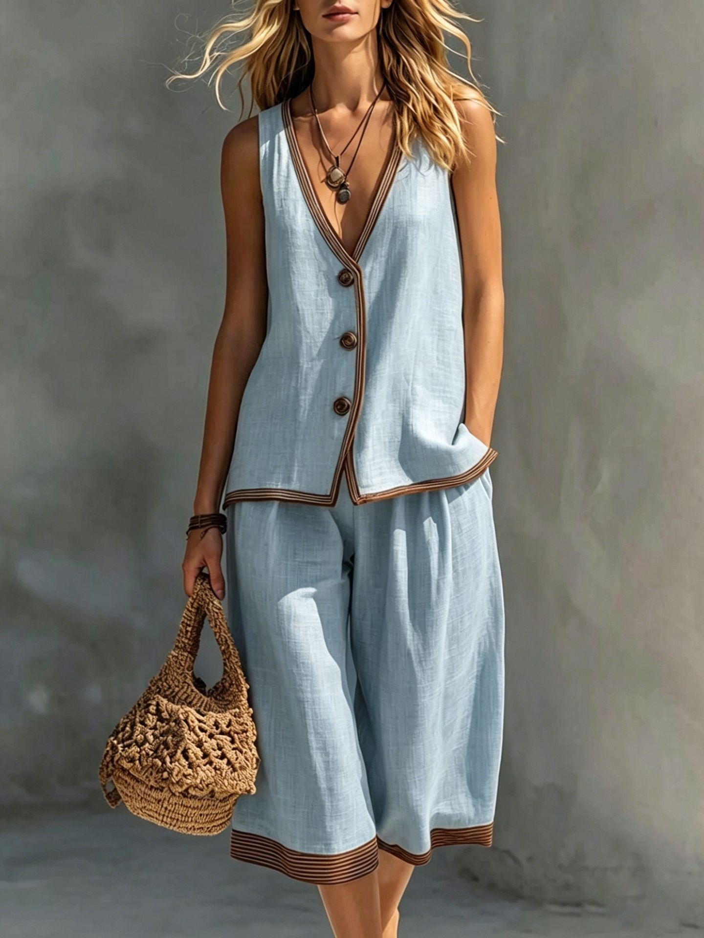 Valeria | Tweedelige Zomerset met Knoopgilet & Cropped Wide-Leg Broek - Bellanza