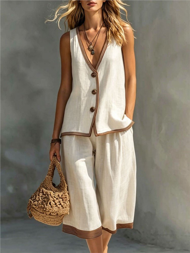 Valeria | Tweedelige Zomerset met Knoopgilet & Cropped Wide-Leg Broek - Bellanza