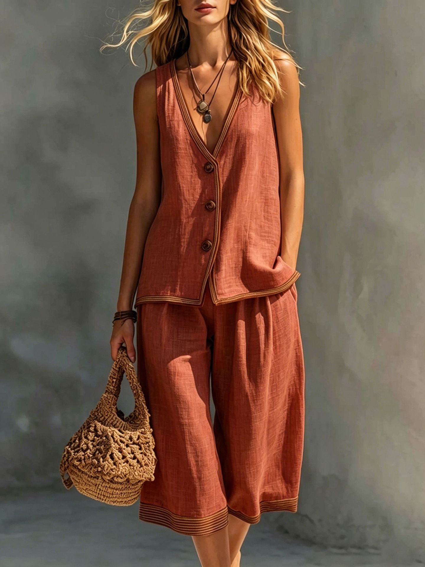 Valeria | Tweedelige Zomerset met Knoopgilet & Cropped Wide-Leg Broek - Bellanza