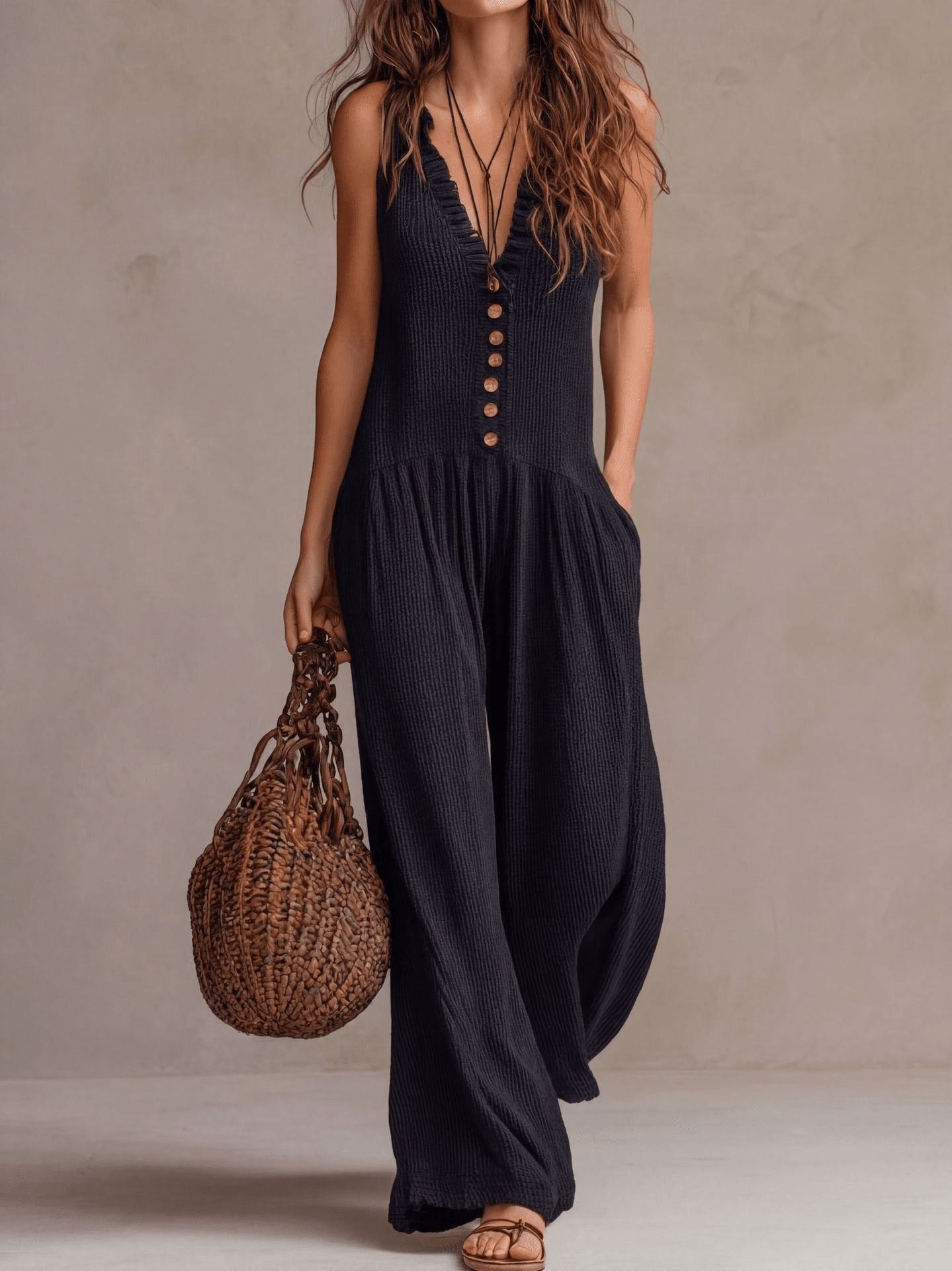 Valérie™ | Retro Rimpel V-hals Wijde Pijpen Jumpsuit - Bellanza
