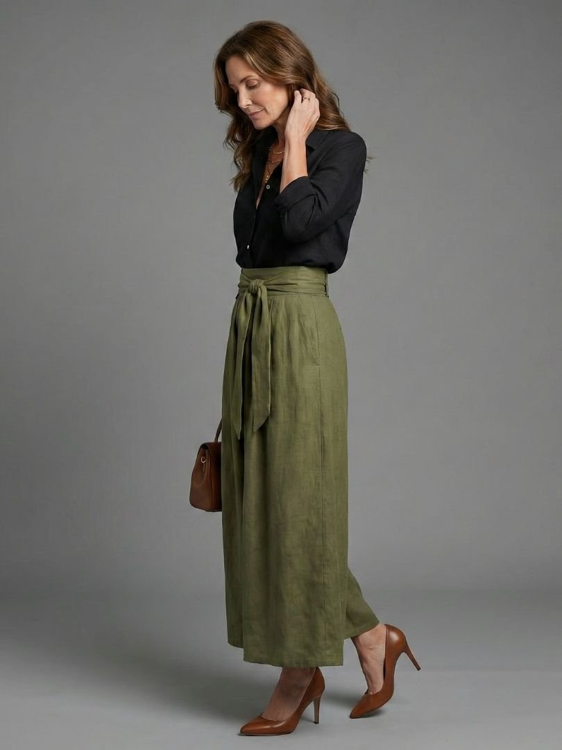 Vera | Set van twee delen Zwarte blouse Groene olijfgroene midi - rok - Bellanza