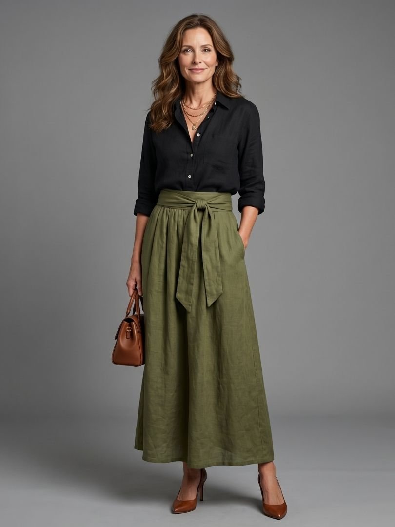 Vera | Set van twee delen Zwarte blouse Groene olijfgroene midi - rok - Bellanza