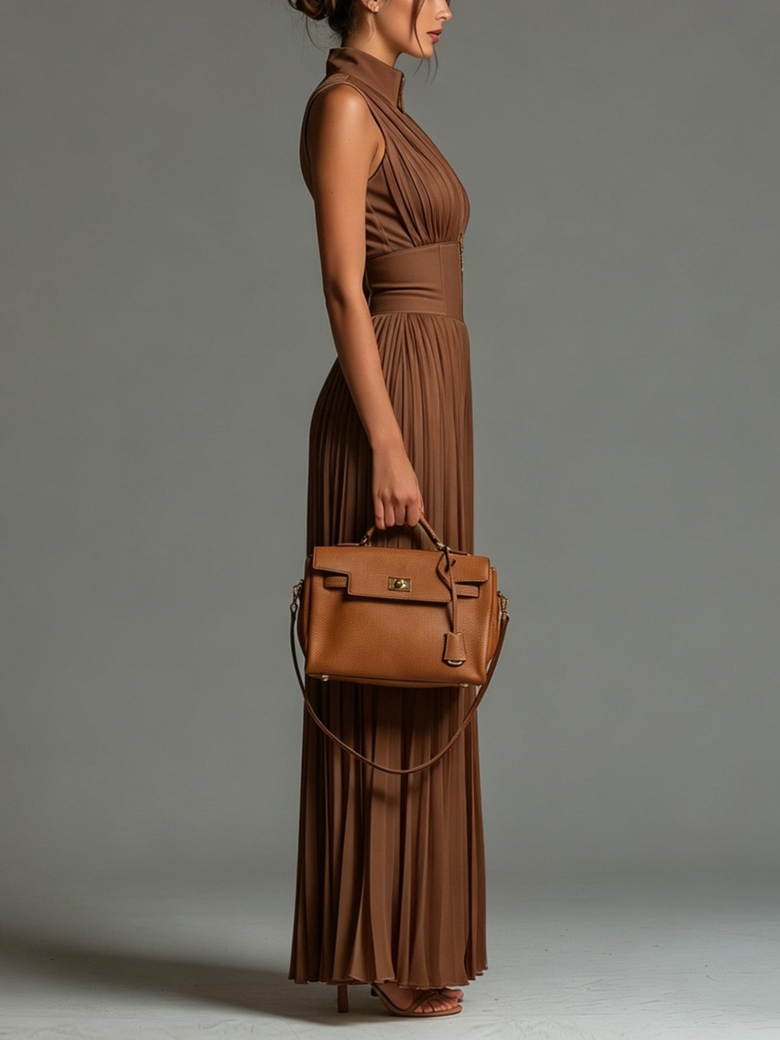Véronique™ | V-hals Mouwloze Rits Plissé Wijdpijpen Chiffon Jumpsuit - Bellanza