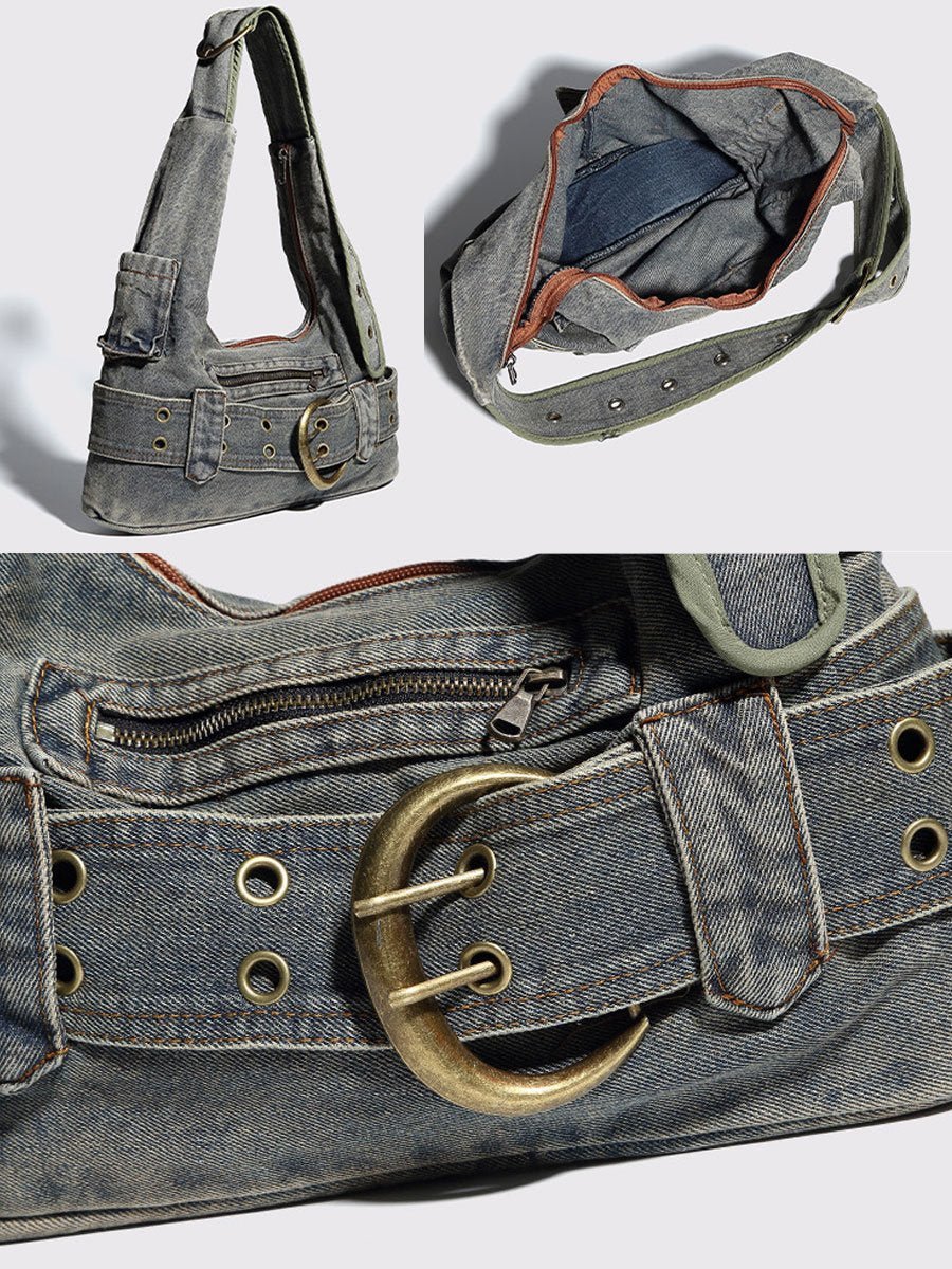 Vintage Gewassen Denim Schouder Crossbody Onderarm Tas - Bellanza