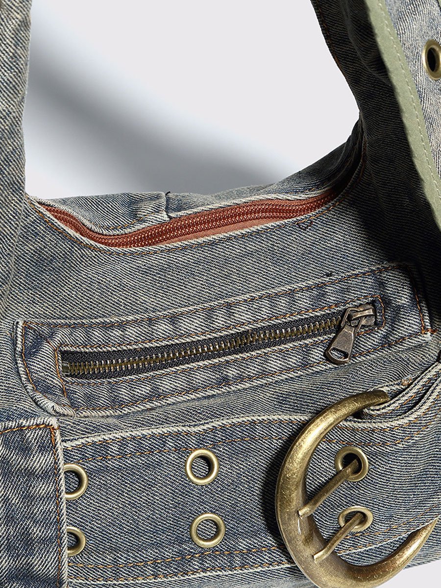 Vintage Gewassen Denim Schouder Crossbody Onderarm Tas - Bellanza