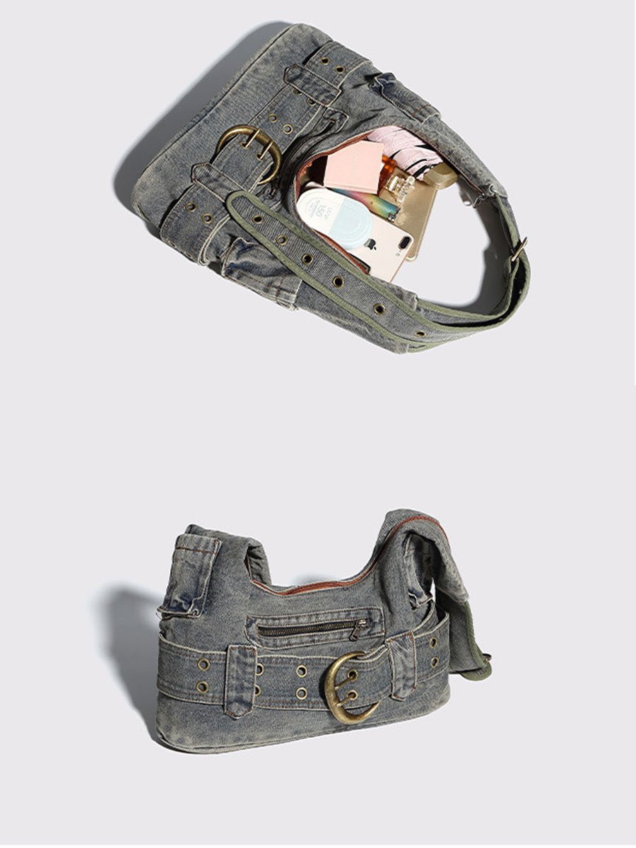Vintage Gewassen Denim Schouder Crossbody Onderarm Tas - Bellanza