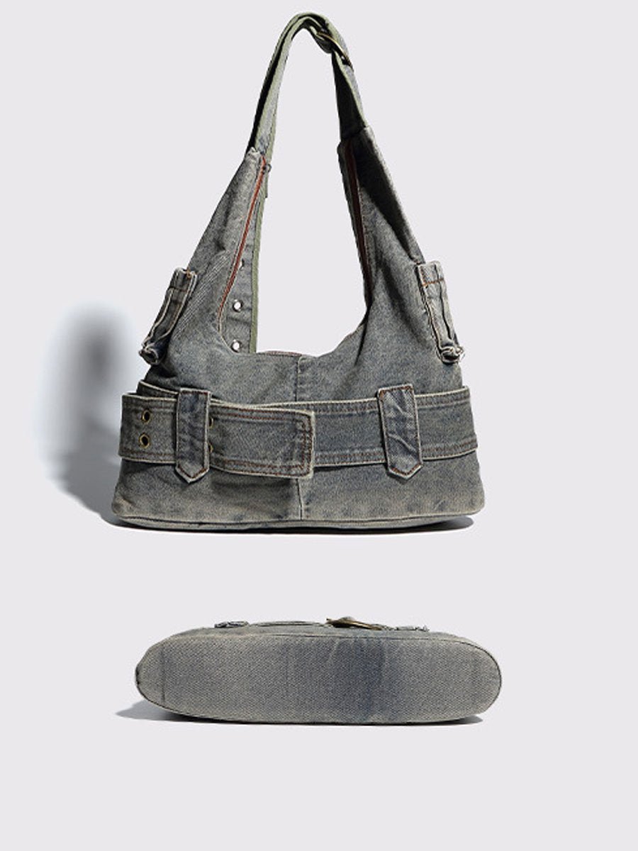Vintage Gewassen Denim Schouder Crossbody Onderarm Tas - Bellanza