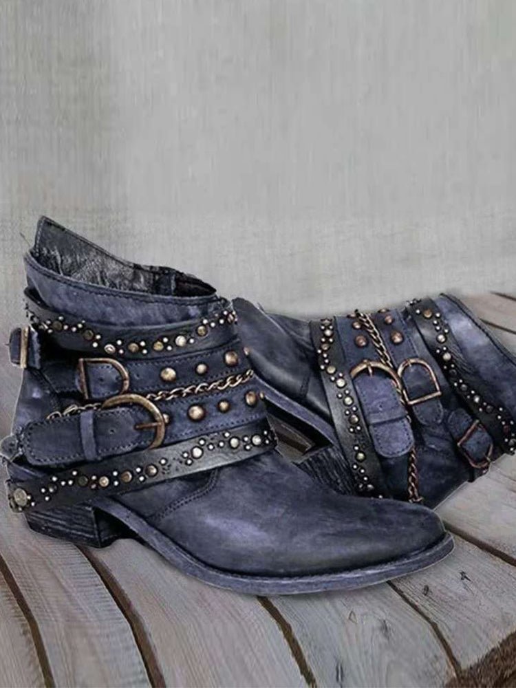 Vintage Gewassen Studded Buckles Enkellaarsjes - Bellanza