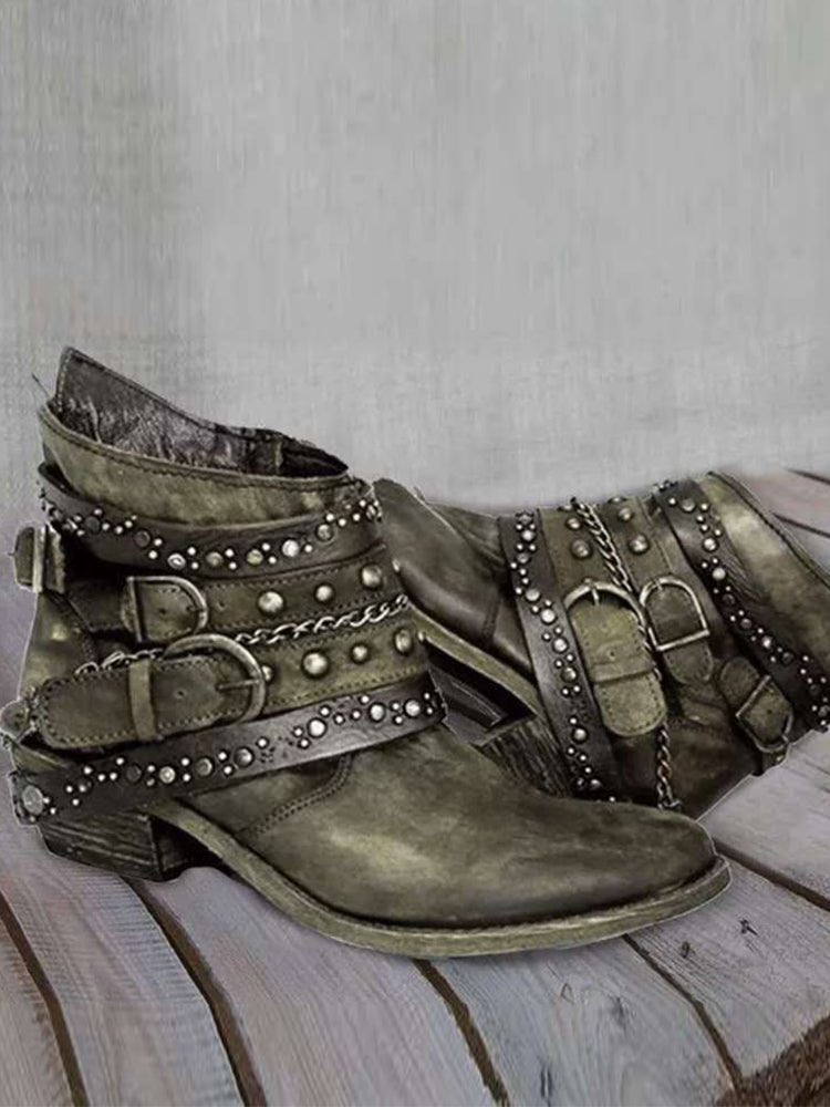 Vintage Gewassen Studded Buckles Enkellaarsjes - Bellanza