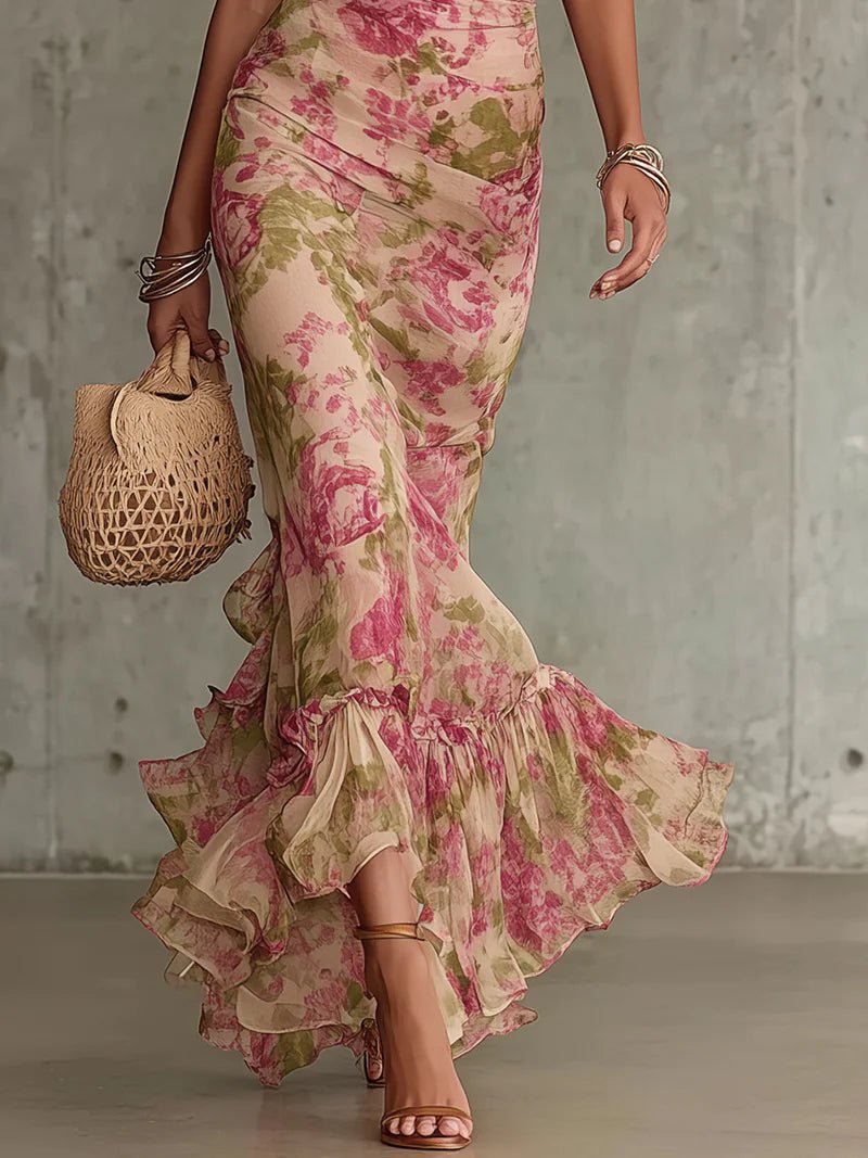 Vintage Rozenprint Maxi Jurk Met Pofmouwen (Accessoires niet inbegrepen) - Bellanza
