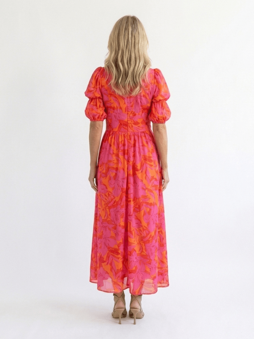 Willow | Midi - jurk met Pofmouwen en Bloemen V - hals - Bellanza