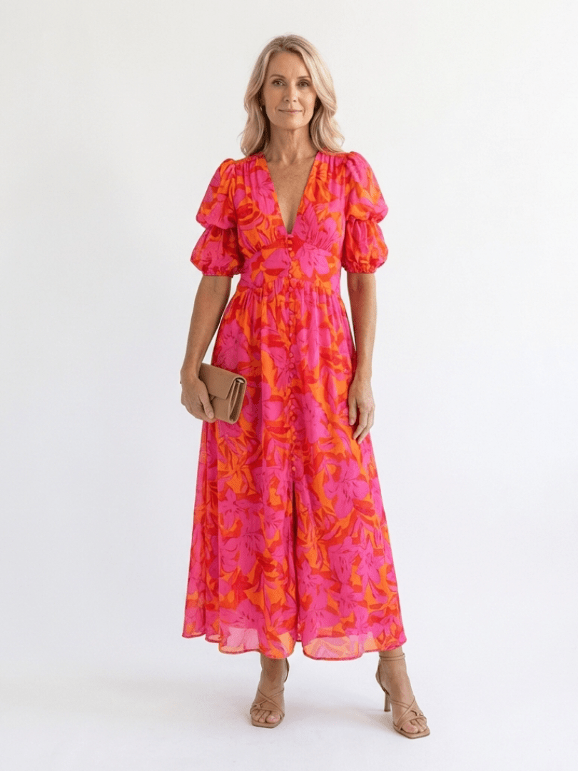 Willow | Midi - jurk met Pofmouwen en Bloemen V - hals - Bellanza