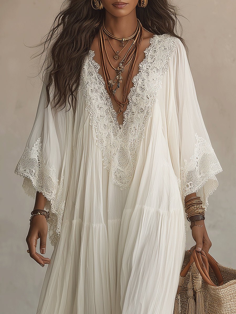 Witte Kanten V-hals Batwing Mouw Chiffon Maxi Jurk - Bellanza