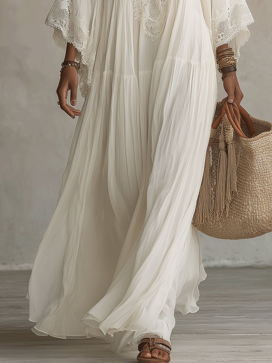 Witte Kanten V-hals Batwing Mouw Chiffon Maxi Jurk - Bellanza