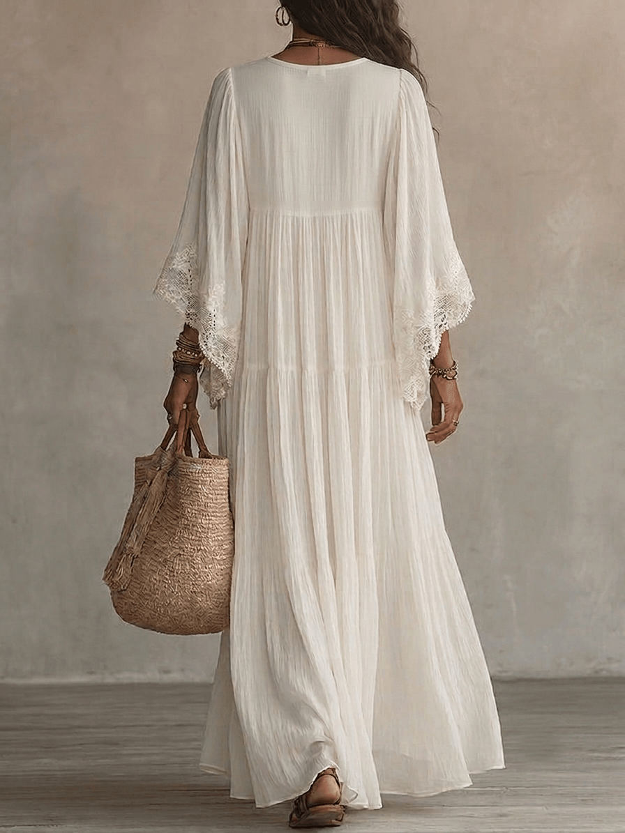 Witte Kanten V-hals Batwing Mouw Chiffon Maxi Jurk - Bellanza