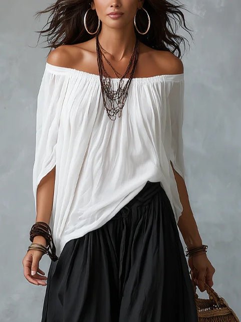 Witte Off-shoulder Top En Loszittende Lantaarnbroek Set - Bellanza