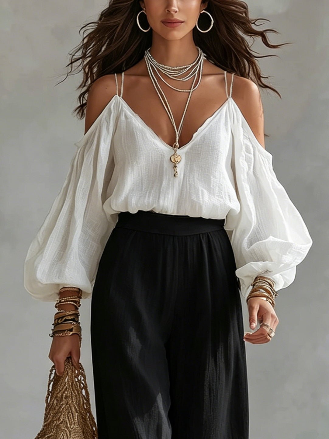 Witte Off-the-shoulder Tanktop en Zwarte Wijde Broek Suit - Bellanza