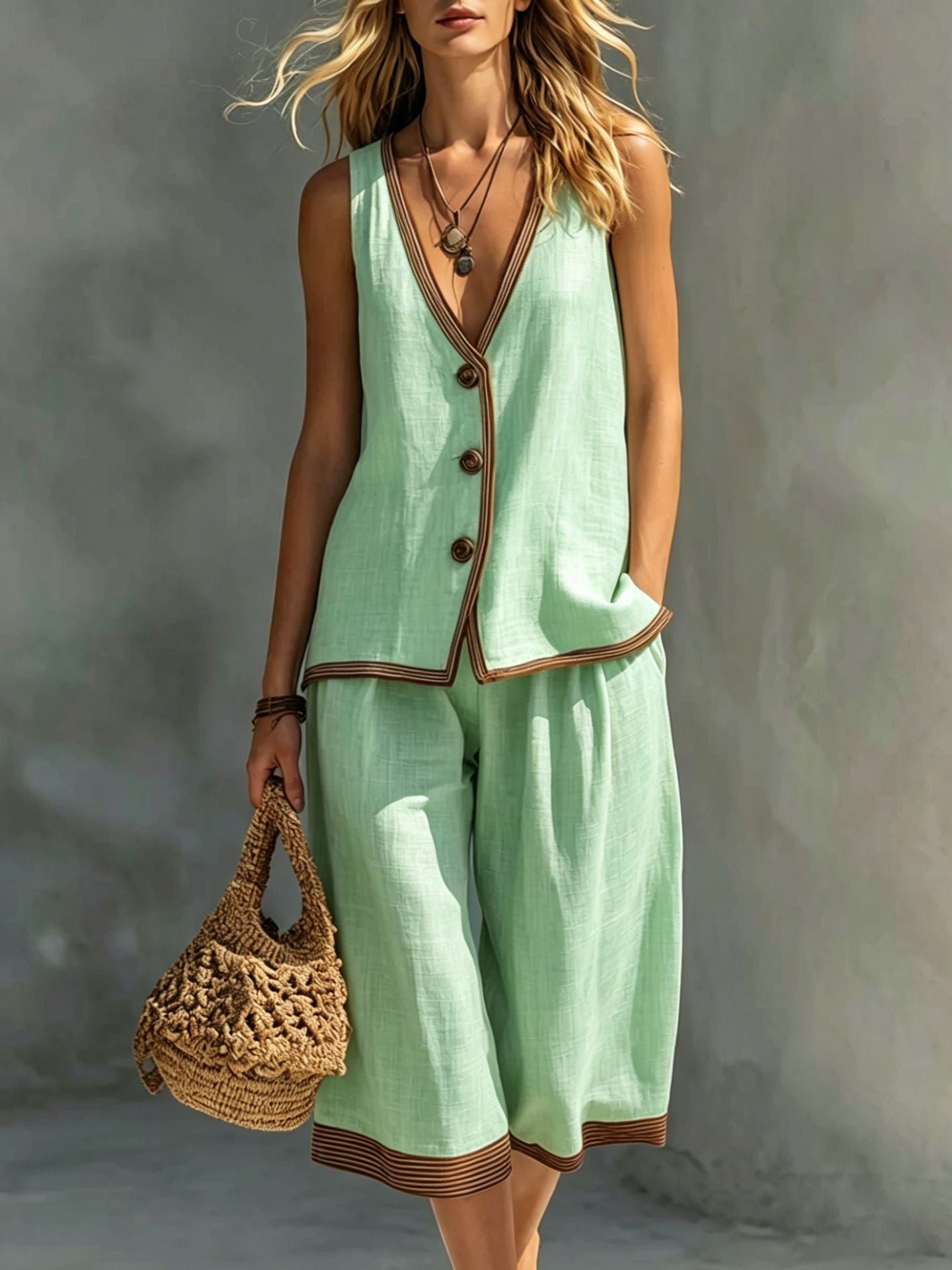 Valeria | Tweedelige Zomerset met Knoopgilet & Cropped Wide-Leg Broek