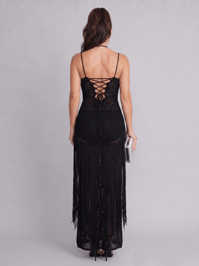 Zephyra | Halter Neck Gehaakte Franje Maxi Jurk - Bellanza