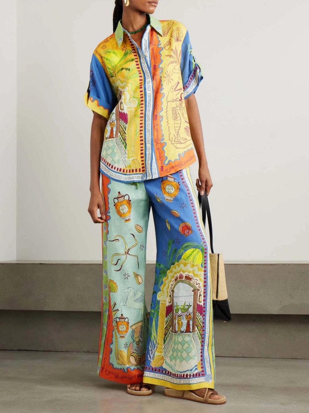 Zomer Fantasie Print Korte Mouwen Losse Top en Broek Set - bellanza