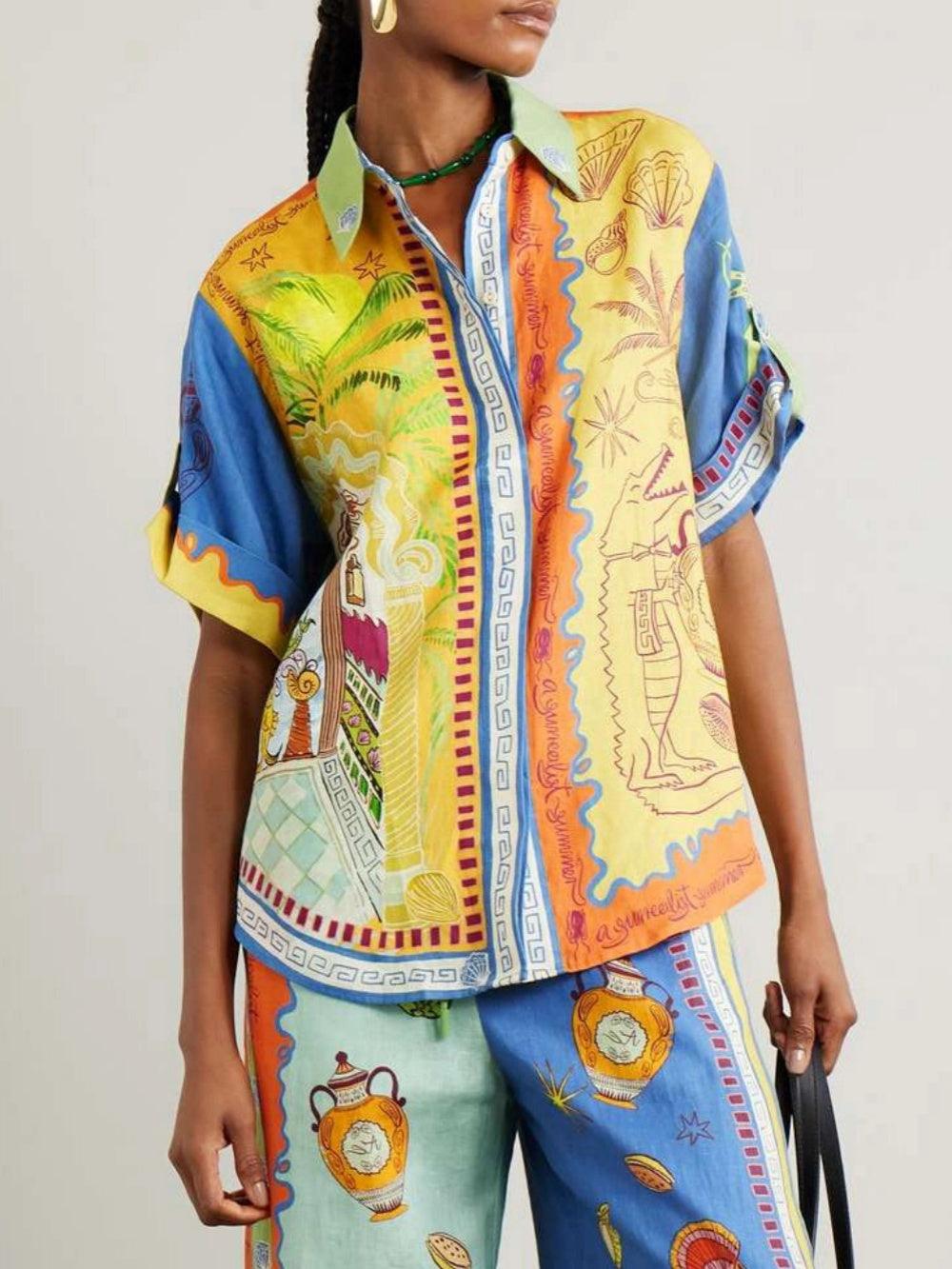 Zomer Fantasie Print Korte Mouwen Losse Top en Broek Set - bellanza