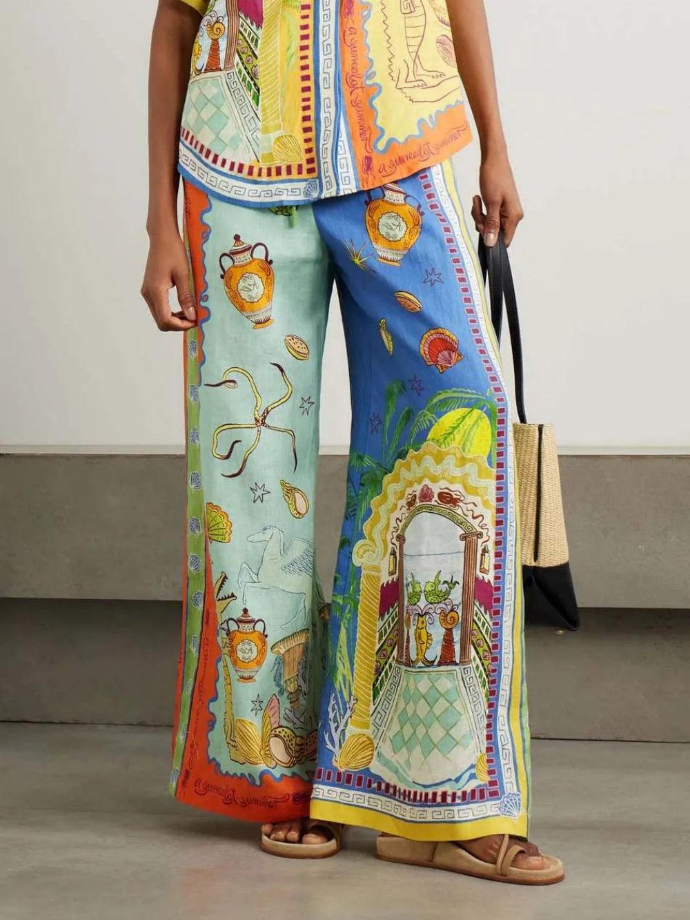 Zomer Fantasie Print Korte Mouwen Losse Top en Broek Set - bellanza