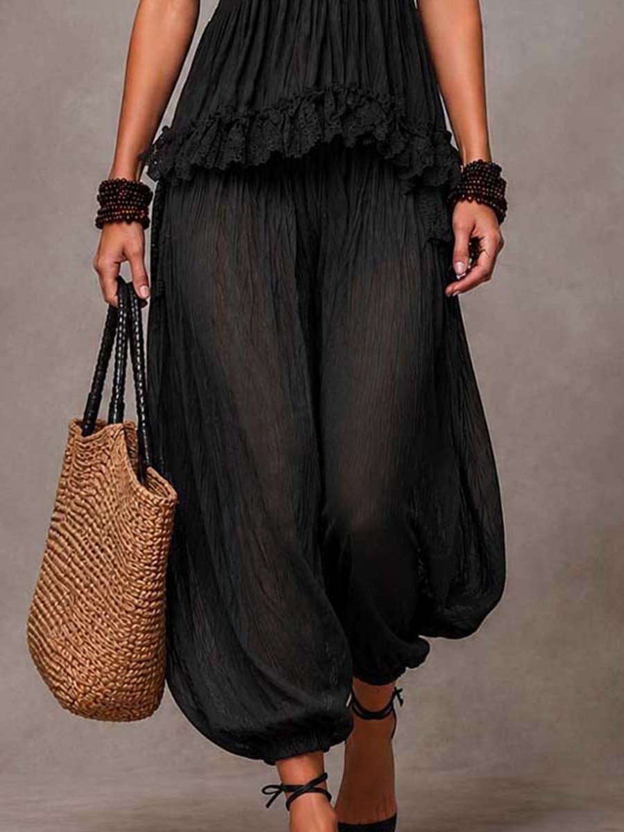 Zwarte Boheemse V-Hals Kanten Top en Harem Broek Set - Bellanza