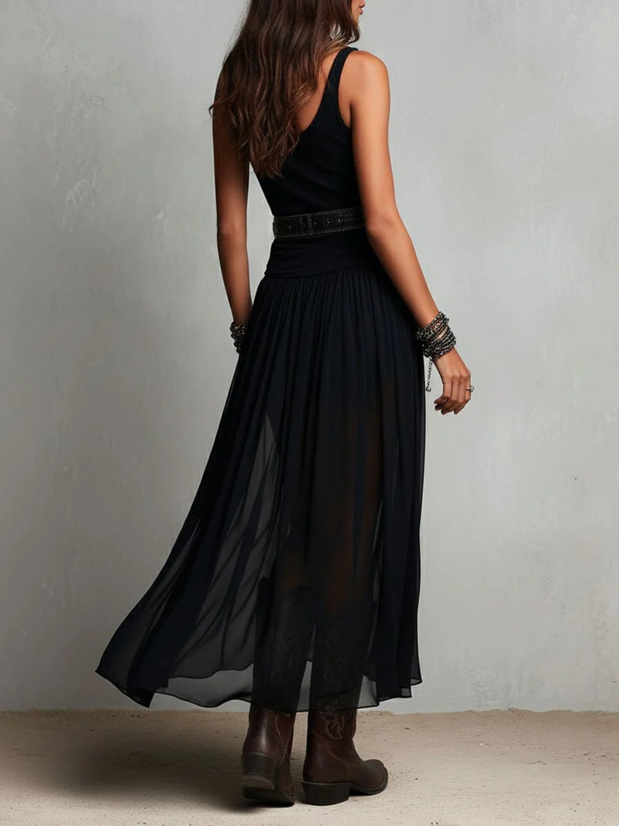 Zwarte Mouwloze Tanktop Met Tulle Rok Maxi Jurk (Inclusief Riem) - Bellanza
