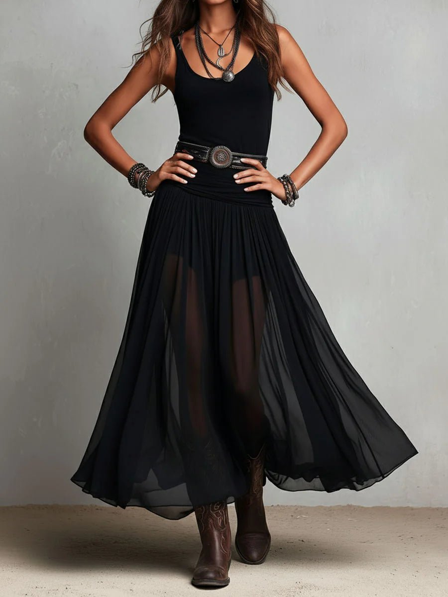 Zwarte Mouwloze Tanktop Met Tulle Rok Maxi Jurk (Inclusief Riem) - Bellanza